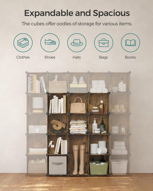 SONGMICS Cube Storage Organizer, Set of 16 Plastic Cubes, Closet Organizers and Storage, Room Organization, Bedroom Living Room, 12.2 x 48.4 x 48.4 Inches, Rustic Brown ULPC442A01