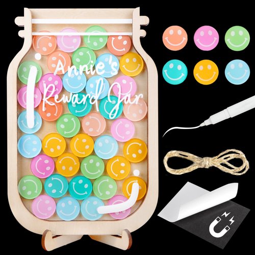 9" DIY Name 45 Tokens Smiley Face Magnetic Reward Jar Gifts for Classroom Teacher Kids Potty Training Chore Chart Toddler Good Behavior Management Tools Back to School RWJ-03-SMILEY-M