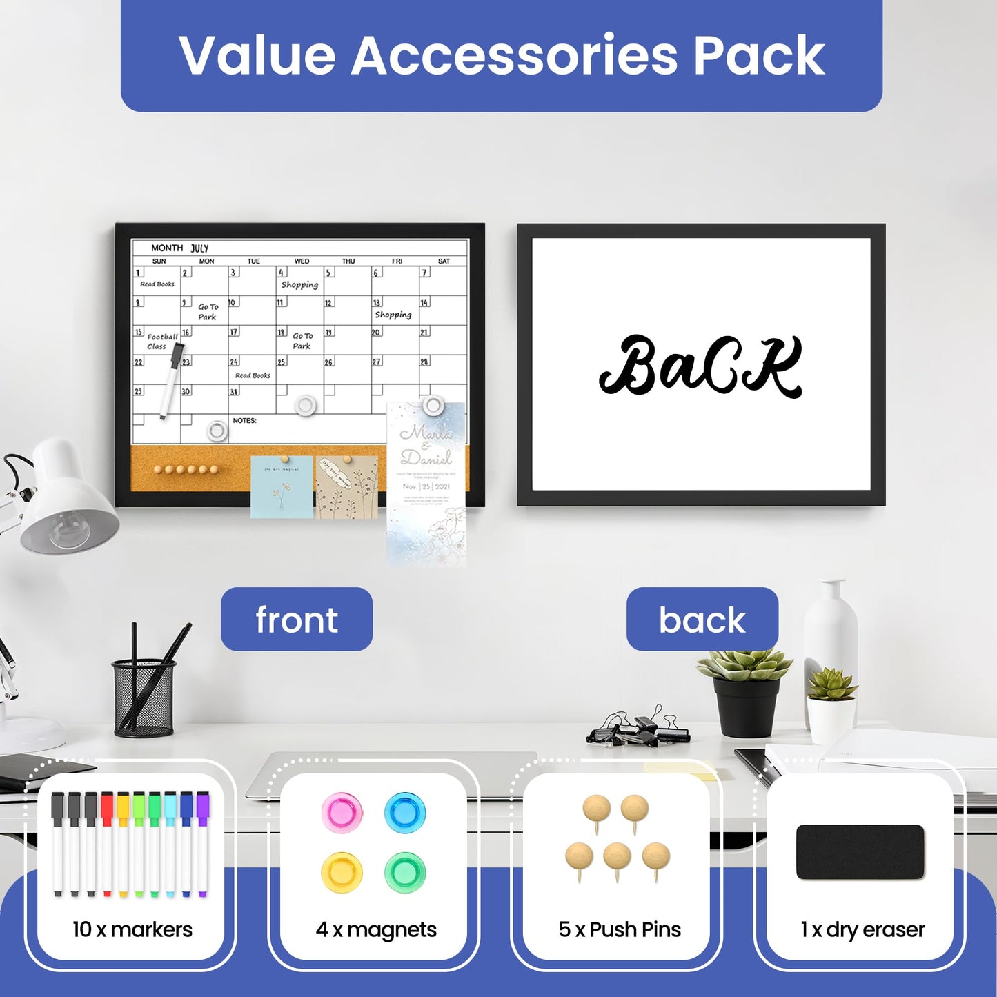 Monthly Calendar Whiteboard for Wall, 17 x 13 Inches Dry Erase Board Cork Board Combo with Wood Framed, Hanging Magnetic White Board with Markers Magnets Push Pins Eraser for Office Kitchen Home Memo