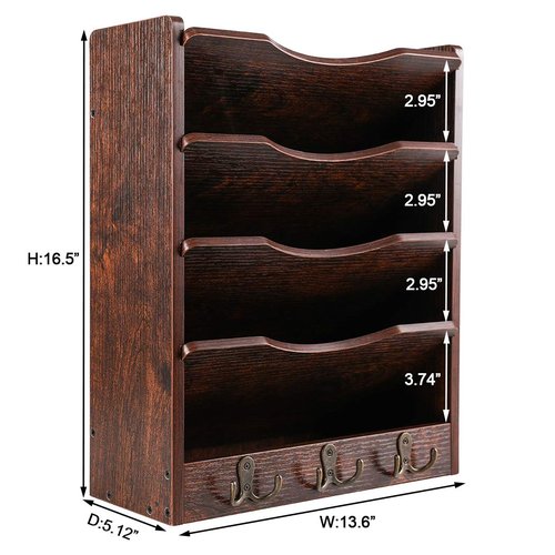 PAG 5-Tier Wall File Holder Hanging Mail Organizer Wood Magazine Literature Rack with 6 Hooks, Brown