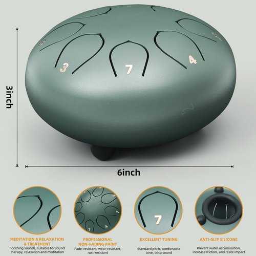 Rain Drum for Outside Garden, 6 Inches 8 Notes Steel Tongue Chakra Drums, Waterproof Meditation Rain Chime, Musical Instruments for Adult Gift with Bag, Drum Mallets, Music Book (Green)