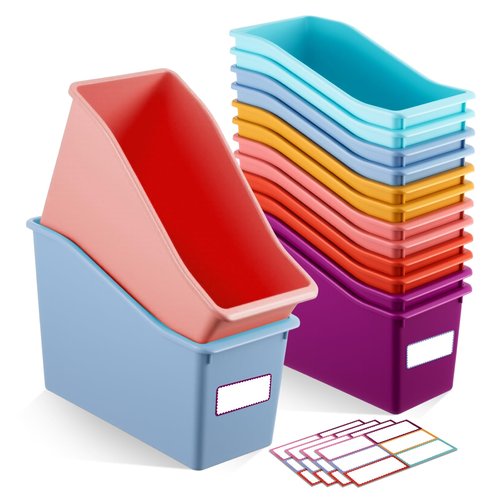 Geetery 12 Pcs Book Bin for Classroom with 24 Pcs Labels Stackable Plastic Organizing Bins 11.5 x 5.4 x 7.5 in Book Holders Storage Bins Box Baskets for Classroom Library Home (Wildflower Color)