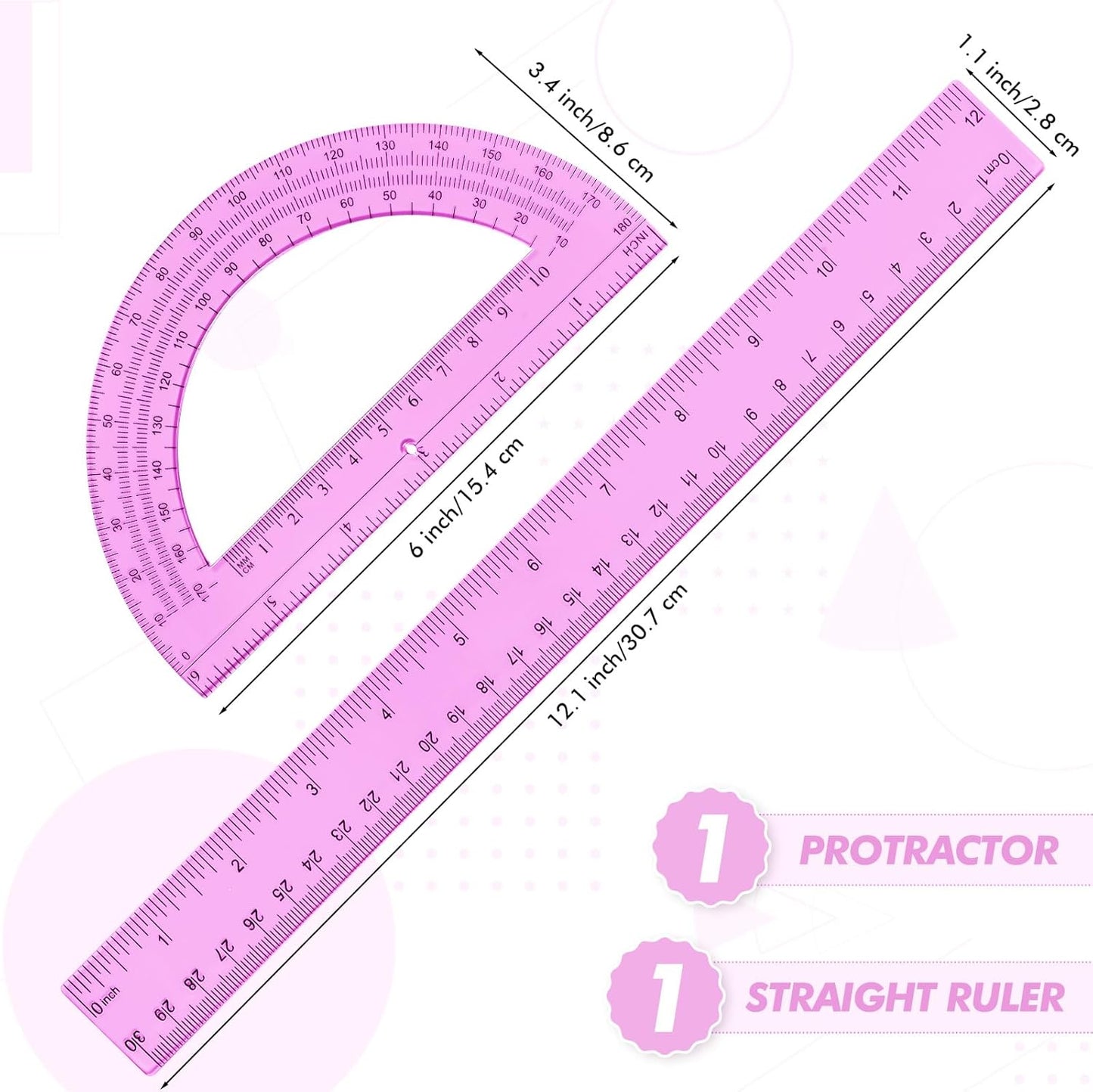 Zonon 12'' Plastic Ruler & 6'' Protractor Set - Clear Math Geometry Supplies for School | Pink