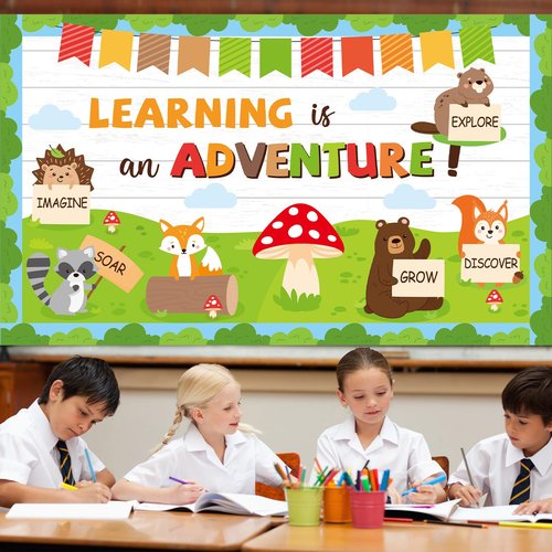 Woodland Bulletin Board Set Jungle Forest Classroom Decorations Back to School Learning is an Adventure Paper Cutouts Motivational Safari Animal Bulletin Board for Nursery Chalkboard Wall Door Decor