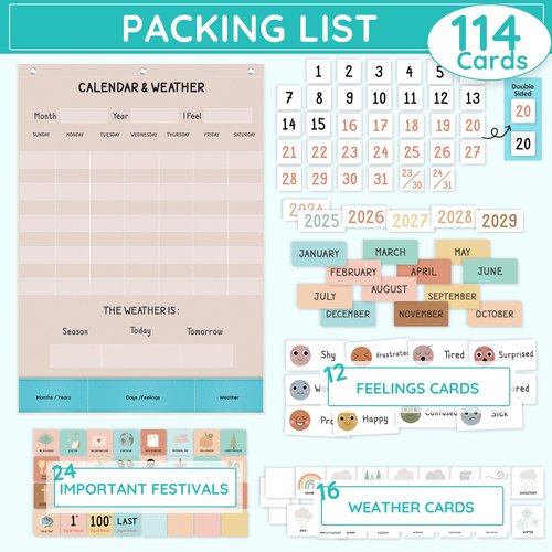 ALSLEA Calendar and Weather Pocket Chart for Classroom, 35½" x 25½" Large Boho Calendar for Kids, Preschool Toddler Learning Activities Chart, Back to School Supplies, Homeschool and Teacher Essentials 114 Cards