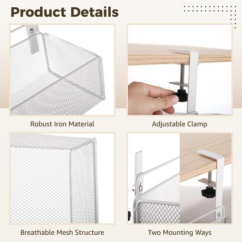 Under Desk Drawer Desk Side Storage, Adjustable Clamp On Mesh Metal Desks Organizer, Under Desks Hanging Organizer for Homes, Offices, Schools