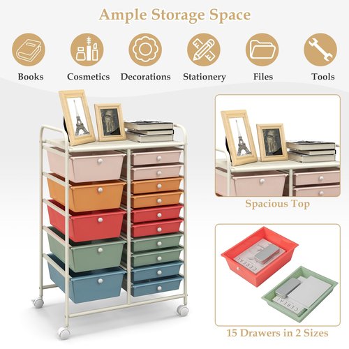 HAPPYGRILL 15-Drawer Rolling Cart, Storage Carts with Removable Drawers & Steel Frame, Utility Cart on Lockable Wheels for Home, School, Office, Macaroon