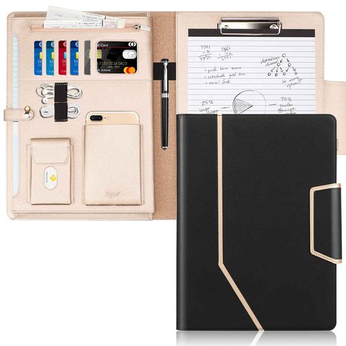 Toplive Conference Folder - Executive Business Padfolio with Letter/A4 Size Clipboard, Document Sleeve & Card Holders - Black