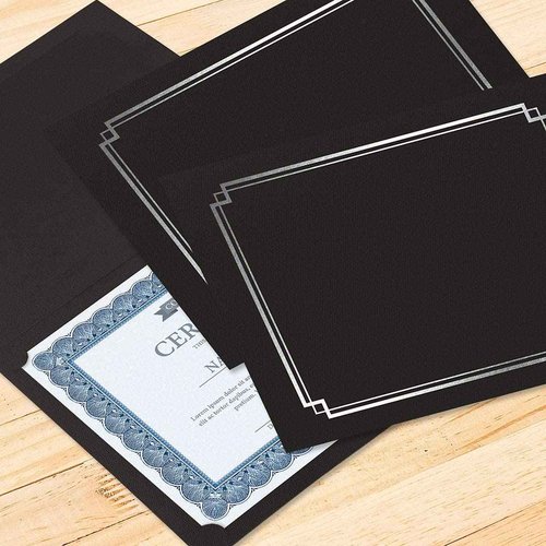 Classic Black & Silver Certificate Folders- Packs 25, Linen Cover 80 lb. Stock, Folded, Die-Cut Corners, for Office, Business Awards, Graduation, School Diploma Holder, 9-1/2" x 12"