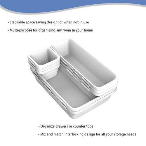 8 Pc. Drawer Organizer Bin – Space Saver Plastic Stacking Modular Kitchen, Bedroom, Office and Bathroom Vanity Storage Compartment Tray by Lavish Home White