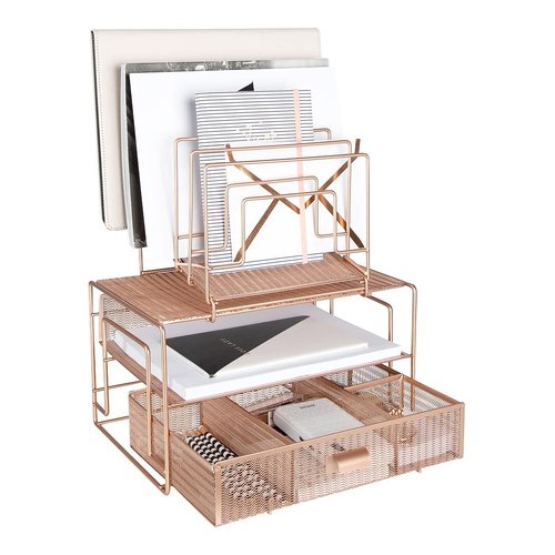 BLU MONACO Workspace Rose Gold Desk Organizer and Accessories Desktop Rack with File sorters and Drawer for Office Supplies, Paper, Device and Folder