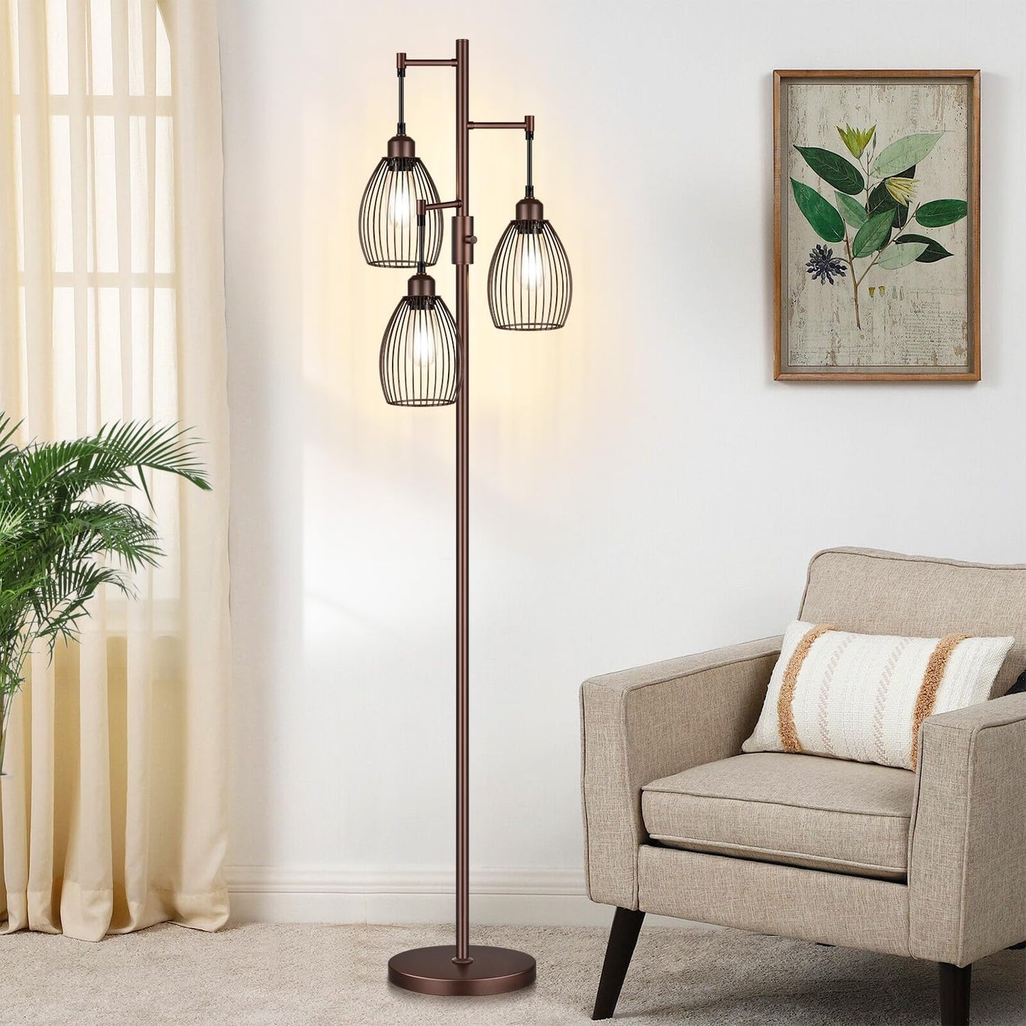 Torondo Dimmable Floor Lamp - Matte Brown Industrial Design with 3 Teardrop Cages & 800 Lumens LED Bulbs