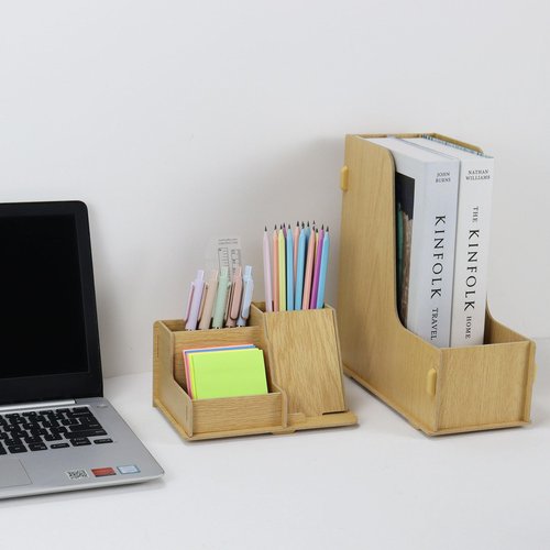 Buqoo Wooden Desk Organizer Set, Desktop File Holder with Phone Stand, 3-Tier Paper Tray, Office Supplies Storage, Natural Wood