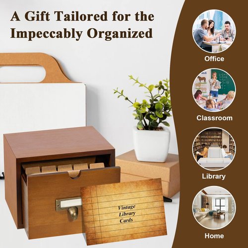 DLUGOPIS 3x5 Index Cards Holder Wood Index Card Organizer Box Flash Card Holder Recipe Cards Holder with Drawer 30 Pcs Vintage Library Cards 5 Kraft Dividers For Gifts Cards Home Office