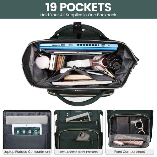 LOVEVOOK Laptop Backpack for Women,17 Inch Professional Womens Travel Backpack Purse Computer Laptop Bag Nurse Teacher Backpack,Waterproof Work Bags Carry on Back Pack with USB Port,Dark Green