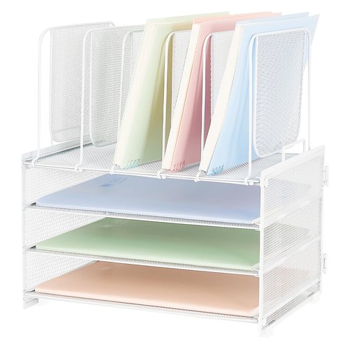 ORDROLL Desk Paper Organizer with Handle,3 Tier Letter Trays with 5 Vertical File Holder,Paper Storage,White Mesh Desktop Organizer for Classroom,Home or Office