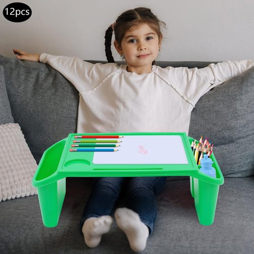 12 Pcs Kids Lap Desk Bulk Plastic Tray Lap Table Portable Breakfast Lap Storage Trays with Side Pockets & Slots Stackable Activity Table Laps Top Desk Tray for Kids Students Work Study School