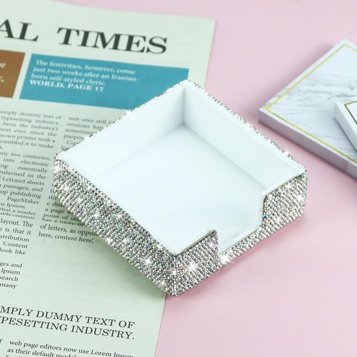 Buqoo Sticky Note Holder, White Marble Bling Crystal Rhinestone Handmade Memo Cube, 4 x 4 inch Post It Notes Holder Dispenser Organizer, Bedazzled Pad Holder Office Accessories Supplies for Women