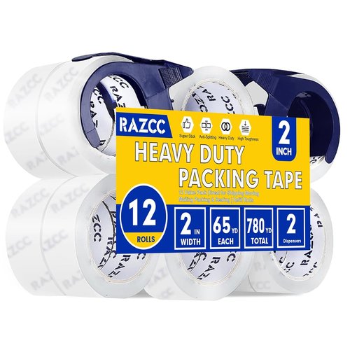 RAZCC Heavy Duty Clear Packing Tape - 12 Rolls with Dispensers | 2" x 65 Yards Each, Perfect for Shipping & Moving