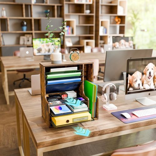 Skiennix 7-Tier Desk File Organizer - Wooden Letter Tray with Adjustable File Holder | Office Supplies Storage