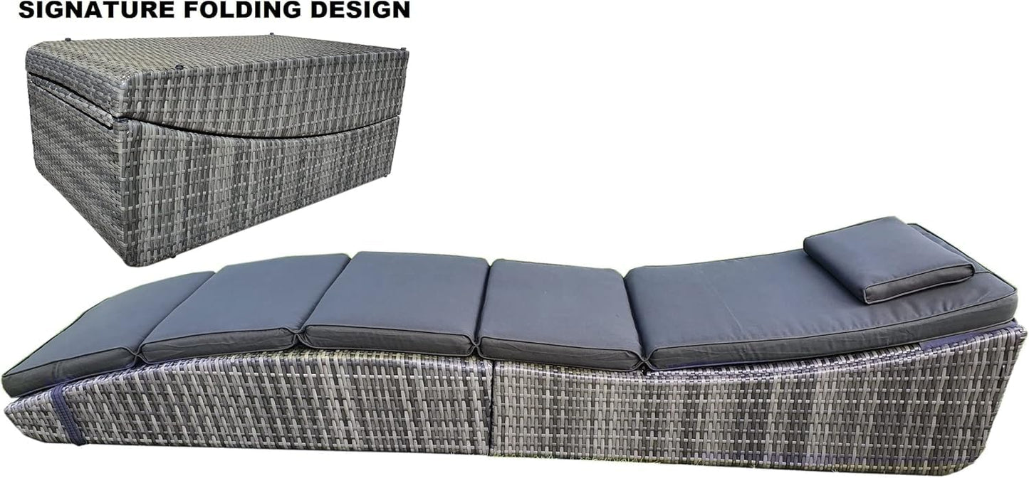 BTEXPERT Set of 2, Foldable Outdoor Chaise Pool Lounge Chairs Folding Wicker Rattan Sun Bed Patio Couch Reclining Lounger Adjustable Padded Backrest Pillow Assembled - Grey - Two