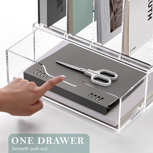 SANRUI Acrylic Desk Organizer with Sliding Drawer, Clear 4 Vertical Compartments Storage File Holders, Multi-Functional Workspace Office Supplies Accessories Organizers