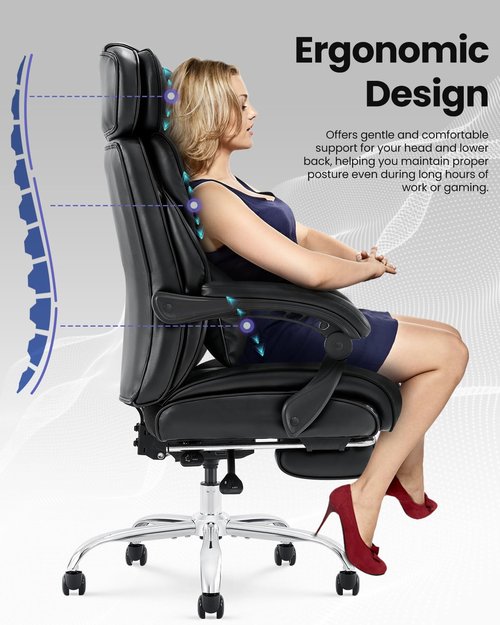 Ergonomic Office Chair with Footrest, High Back Executive Desk Chair with Adjustable Recline, Removable Lumbar Support, Thick Padded Seat, Bonded Leather Computer Chair for Home Office, Black