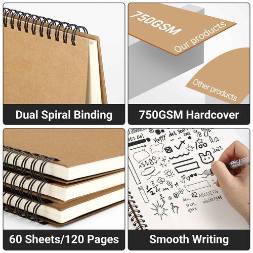 EUSOAR Spiral Journaling Notebooks, A4 6 Packs 8.5"x 11" 120 Pages Hardcover Spiral Blank Notebook, Blank Journal Unlined Notebooks Bulk for Student Office School Diary Drawing Writing-Brown