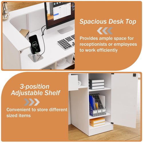 PAKASEPT Modern Reception Desk with LED Lights, 63 Inches Front Counter Table with Lockable Drawer & Shelves, Checkout Counter for Reception Room, Lobby, Beauty Salon, Retail,Office