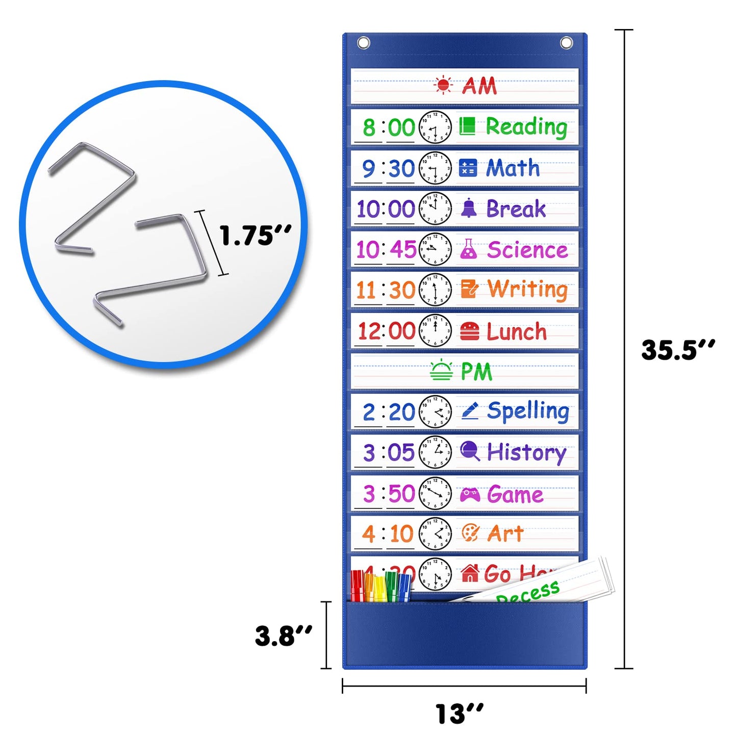 AUVCAS Daily Schedule Pocket Chart – 13+1 Pockets Visual Schedule for Kids with 18 Reusable Dry-Erase Cards & 2 Over-the-Door Hooks for Classroom, School, Home (Blue)