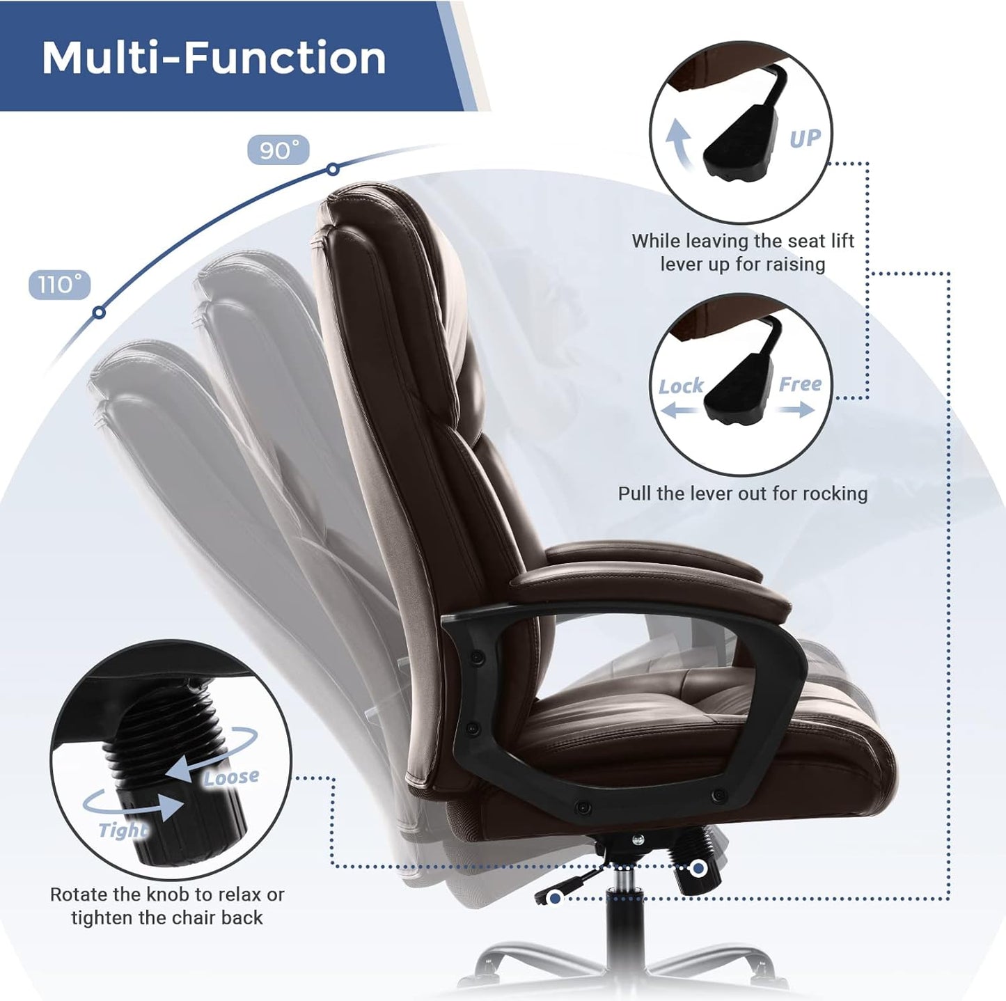 ZUNMOS Executive Office Chair - High Back Adjustable Height with Lumbar Support | Black Leather