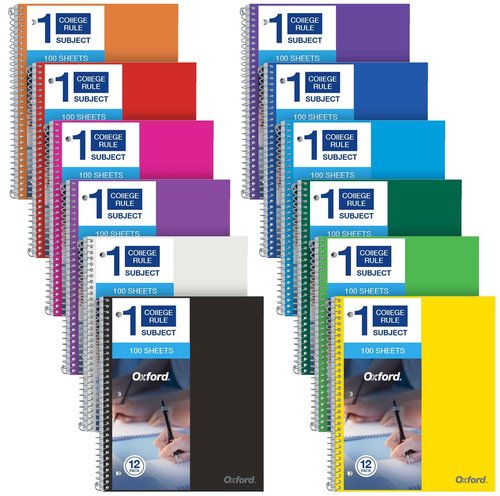 Oxford Spiral Notebook 8.5 X 11, Water Resistant Cover, 100 Sheets, College Ruled, 1 Subject - Pack of 12