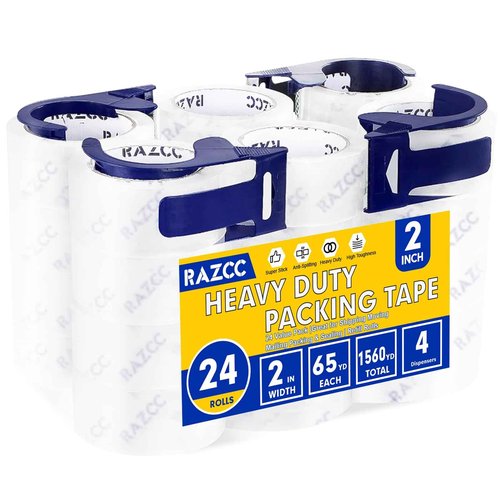 RAZCC Clear Packing Tape, 24 Rolls Heavy Duty Packaging Tape with Dispensers for Packing Shipping Moving and Sealing, Thicker Packing Tape-2" x 65 Yards Per Roll, 1560 Total Yards