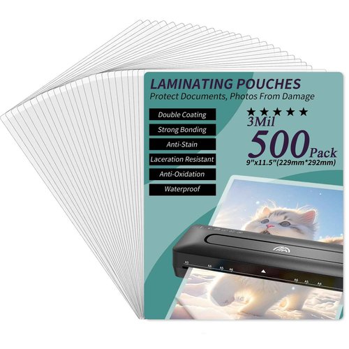 Laminating Sheets - 3Mil 500 Pack Thermal Laminating Pouches, 9"x11.5" Clear Laminate Sheets for Schedules, Menus, Certificates, Art Drawings, Round Corner