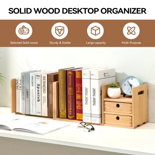 KIRIGEN Wood Adjustable Desk Orangizer Storage Expanable Desktop Bookshelf Fully Assembled Bookcase Adjustable Book Rack with Drawer for Office SSSJ-L-NA
