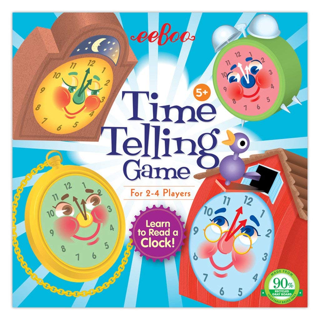 eeBoo: Time Telling Game, Learn to Read a Clock, 50 Game Cards with 4 Clocks and Score Pad, for 2-4 Players, Ages 5 and up