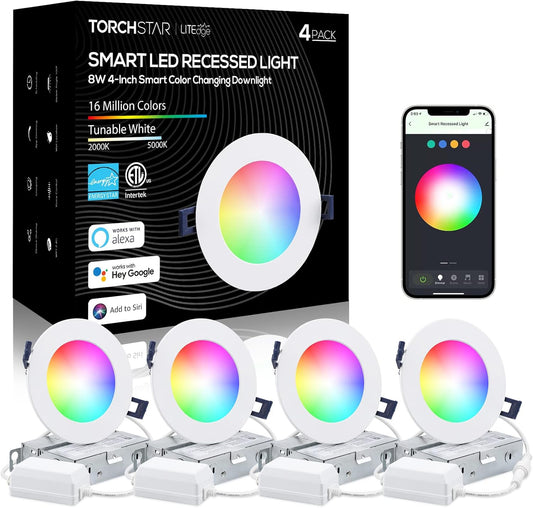 TORCHSTAR Smart Recessed Lighting - 4 Inch Color Changing RGBCW Downlight with Voice Control | Pack of 4
