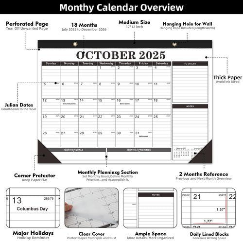 Tcamp Desk Calendar 2025-2026 from July 2025 to December 2026, Large 17" x 12" Wall Calendar with Julian Dates, 18 Months Desk Planner for Home School Office Desktop, Christmas Gifts