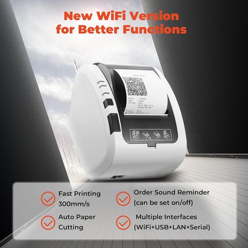 MUNBYN WiFi Thermal Receipt Printer - 80mm POS Printer for Square, Windows, Mac & Linux - White