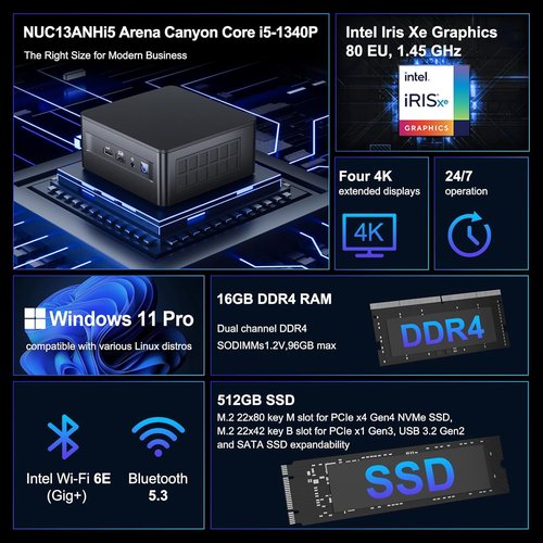 Intel NUC 13 Pro Mini PC - Core i5-1340P, 16GB RAM, 512GB SSD | 8K/4K Display, WiFi 6E, Windows 11 Pro