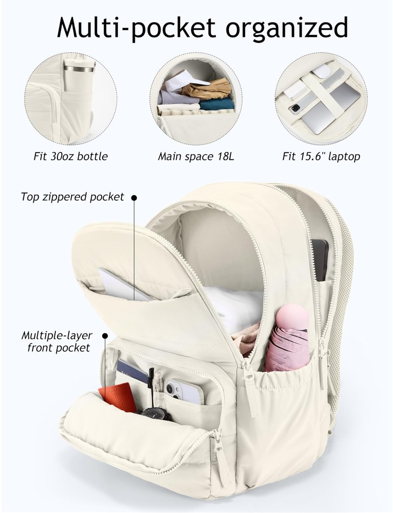 Uselike Travel Backpack for Women, 15.6 Inch Laptop Backpack, Quilted College Bookbag, Cute Work Backpacks, Water Resistant (Beige)