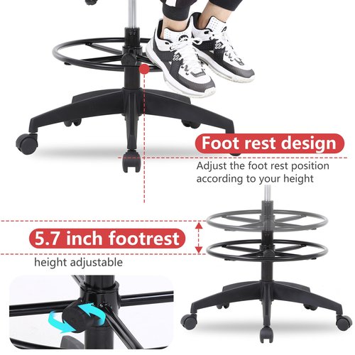 Drafting Chair Tall Office Chair Adjustable Swivel Rolling Mesh Height with Lumbar Support Arms Footrest Mid Back for Adults Standing Desk Drafting Stool (Black)