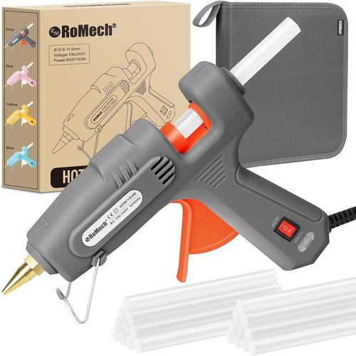 ROMECH Full Size Hot Glue Gun - 60/100W Dual Power with 21 Hot Glue Sticks & Storage Case | Fast Preheating for Crafting & Repairs (Gray)