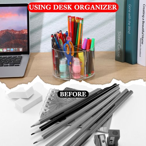 2 Pcs Small Pencil Organizer for Desk Acrylic 4 Compartments, Tiny Rotating Art Supply Organizer Kids, Round Marker Organing Clear Desktop Organing Caddy Swivel Office Pen Pencil Holder