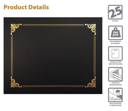 Better Office Products 25 Pack Black Certificate Holders, Diploma Holders, Document Covers with Gold Foil Border, for Letter Size Paper, 25 Count, Black