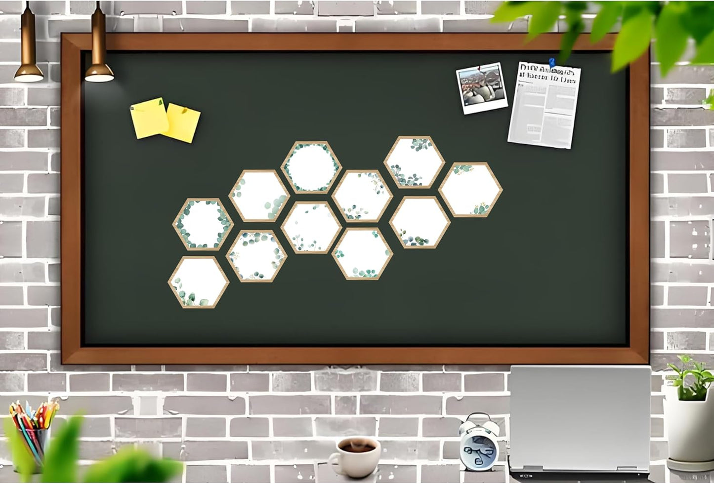 Skiennix Plant Themed Bulletin Board Decor - 5-Inch Boho Hexagon Cutouts | 60 Pcs Wood Grain Wall Art