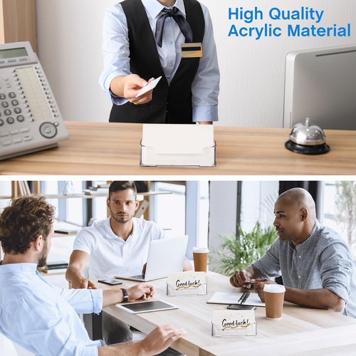 Leinuosen 50 Pack Business Card Holder for Desk Acrylic Business Card Holder Display Clear Label Stand Label Table Desktop Organizer for Home and Office