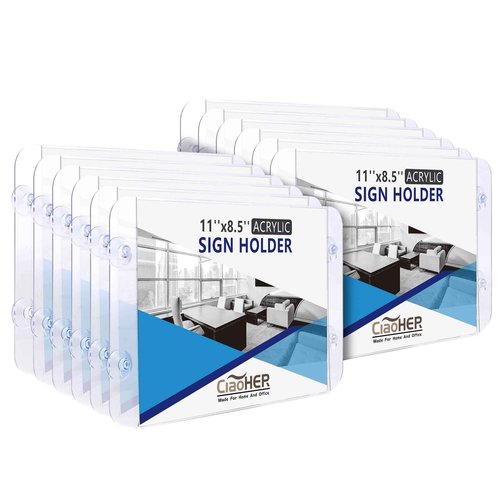 CiaoHER Acrylic Sign Holder 11 x 8.5, Clear Acrylic Frames Glass Window Wall Mount Advertising Signage Sign Holder with 4 Suction Cups for Mall, Office, Home, Restaurant, Landscape （12 Pack）