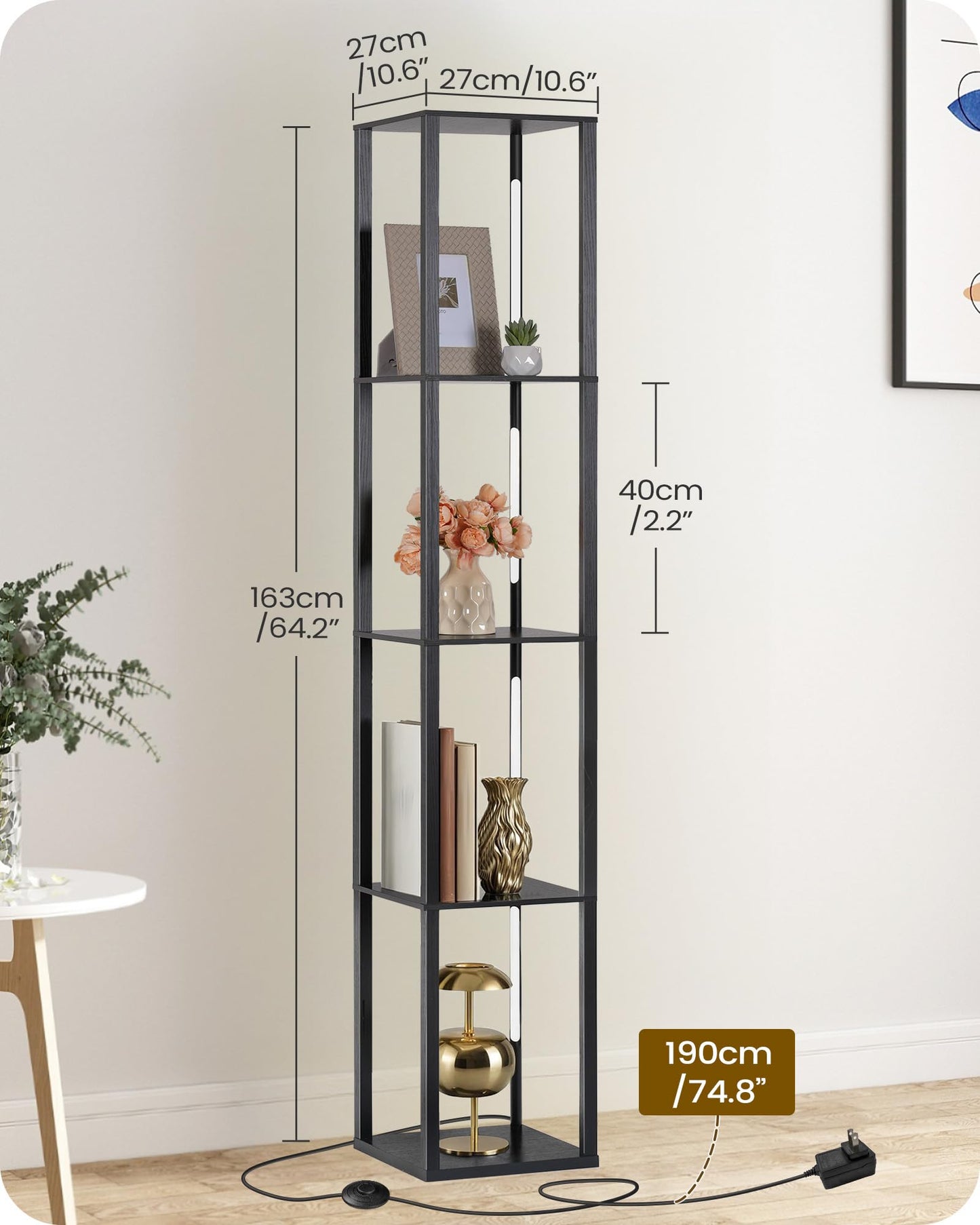64.2" Display Shelf with Light, Modern Corner Floor Lamp with Shelves, 3000K-6000K LED Dimmable Standing Lamp with Remote for Living Room, Bedroom, Office, Adjustable CCT, Black Square B51LD05