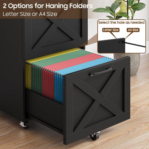 2 Drawer Small File Cabinet with Wheels, Farmhouse Vertical Filing Cabinet Fits A4 or Letter Size, Under Desk Rolling File Cabinets for Home Office, Wooden Printer Stand, Black